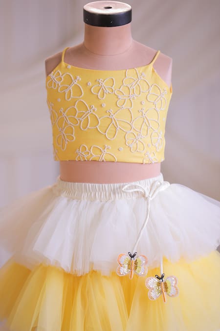 Buy_Lil Angels_Yellow Cotton, Net Beads, Embroidery Butterfly Frill Lehenga With Blouse _Online_at_Aza_Fashions