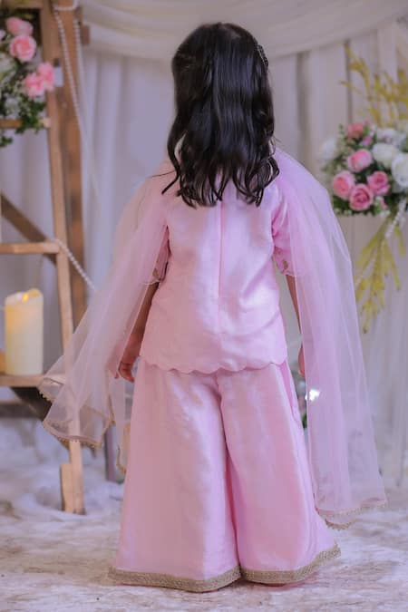 Shop Lil Angels Pink Silk Embroidery, Zari, Pearls Palazzo Set at Aza Fashions Shop_Lil Angels_Pink Silk Embroidery, Zari, Pearls Palazzo Set _at_Aza_Fashions