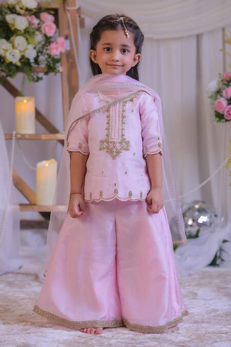 Shop Lil Angels Pink Silk Embroidery, Zari, Pearls Palazzo Set Online at Aza Fashions Shop_Lil Angels_Pink Silk Embroidery, Zari, Pearls Palazzo Set _Online_at_Aza_Fashions