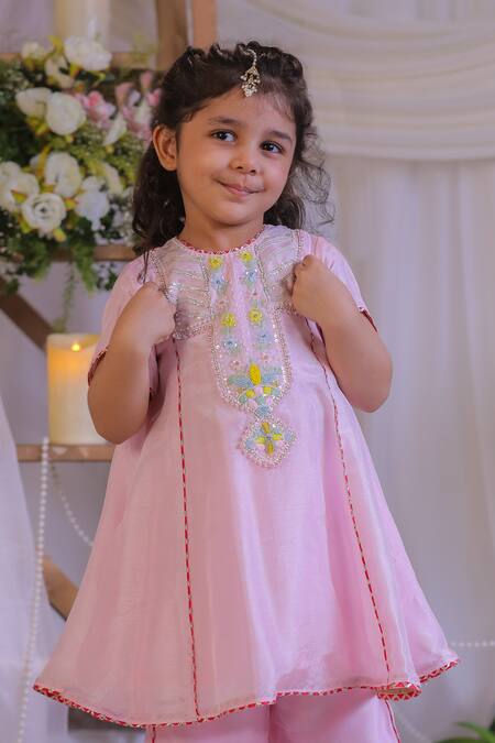 Lil Angels Pink Silk Sequins, Embroidery Kurta With Palazzo at Aza Fashions Lil Angels_Pink Silk Sequins, Embroidery Kurta With Palazzo _at_Aza_Fashions