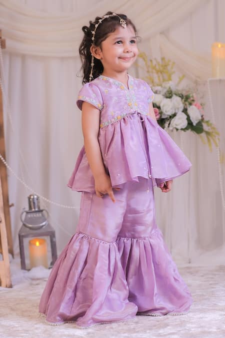 Shop Lil Angels Purple Silk Embroidery Tissue Kurta And Sharara Set at Aza Fashions Shop_Lil Angels_Purple Silk Embroidery Tissue Kurta And Sharara Set _at_Aza_Fashions