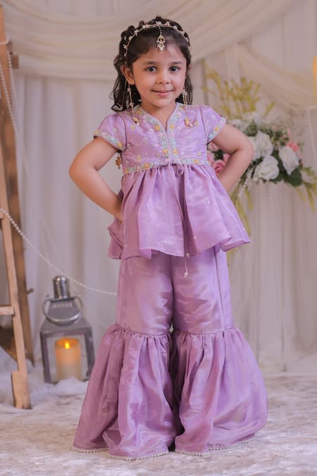 Lil Angels Purple Silk Embroidery Tissue Kurta And Sharara Set Online at Aza Fashions Lil Angels_Purple Silk Embroidery Tissue Kurta And Sharara Set _Online_at_Aza_Fashions