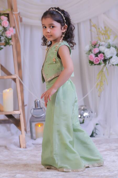Buy_Lil Angels_Green Silk Embroidery, Sequins Tissue Waistcoat And Palazzo Set _Online_at_Aza_Fashions