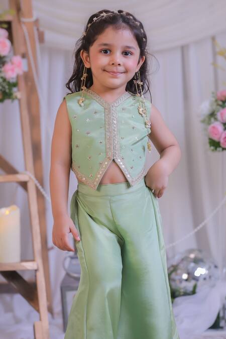 Shop_Lil Angels_Green Silk Embroidery, Sequins Tissue Waistcoat And Palazzo Set _Online_at_Aza_Fashions