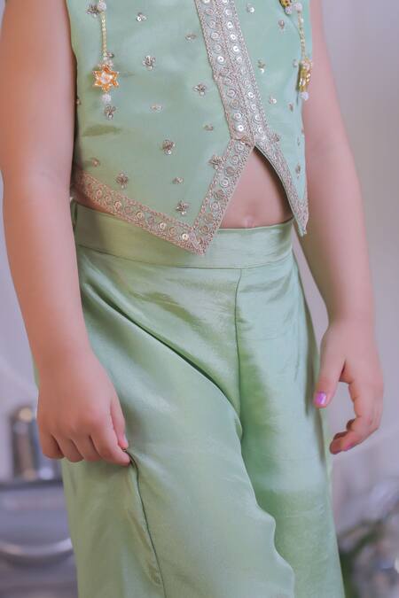 Lil Angels_Green Silk Embroidery, Sequins Tissue Waistcoat And Palazzo Set _at_Aza_Fashions