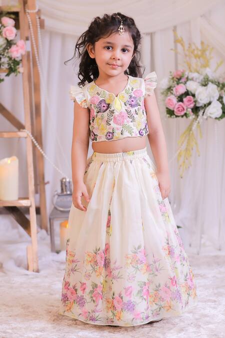 Lil Angels_Off White Organza, Silk Embroidery, Sequins Lehenga With Blouse _at_Aza_Fashions