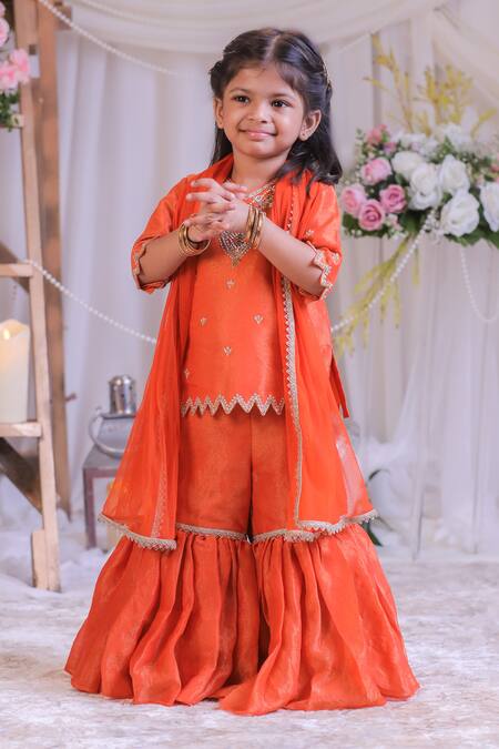 Lil Angels Orange Silk, Net Embroidery, Gota Patti Kurta Set Online at Aza Fashions Lil Angels_Orange Silk, Net Embroidery, Gota Patti Kurta Set _Online_at_Aza_Fashions