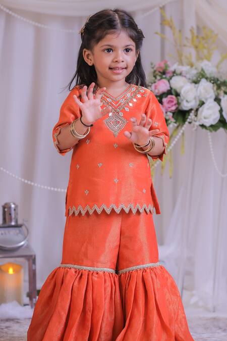 Shop Lil Angels Orange Silk, Net Embroidery, Gota Patti Kurta Set Online at Aza Fashions Shop_Lil Angels_Orange Silk, Net Embroidery, Gota Patti Kurta Set _Online_at_Aza_Fashions