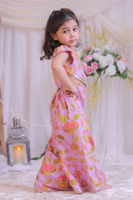 Lil Angels Purple Muslin, Silk Embroidery, Mirrors Printed Top With Palazzo at Aza Fashions Lil Angels_Purple Muslin, Silk Embroidery, Mirrors Printed Top With Palazzo _at_Aza_Fashions