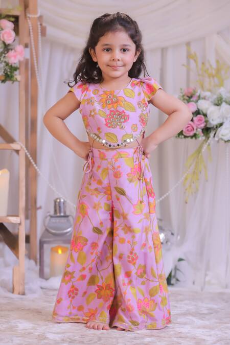 Buy Lil Angels Purple Muslin, Silk Embroidery, Mirrors Printed Top With Palazzo Buy_Lil Angels_Purple Muslin, Silk Embroidery, Mirrors Printed Top With Palazzo