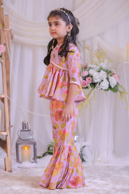 Shop Lil Angels Purple Muslin, Silk Lilac Printed Kurta With Sharara at Aza Fashions Shop_Lil Angels_Purple Muslin, Silk Lilac Printed Kurta With Sharara _at_Aza_Fashions