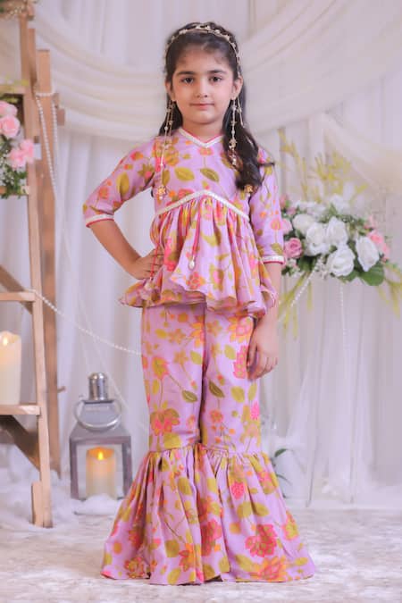 Lil Angels Purple Muslin, Silk Lilac Printed Kurta With Sharara 