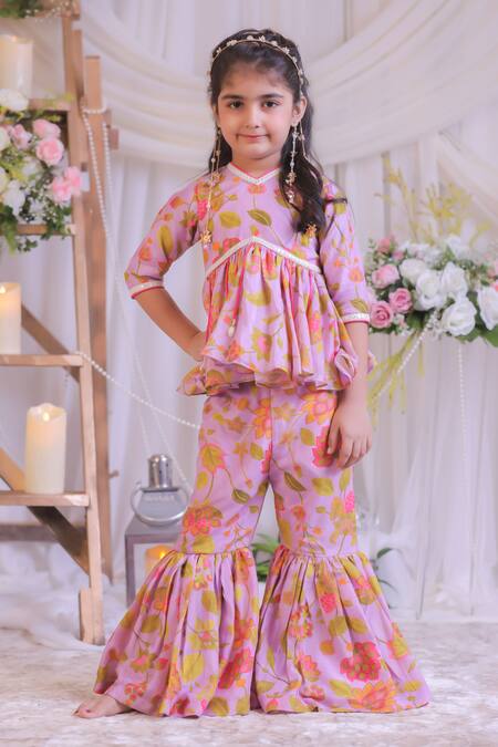 Shop Lil Angels Purple Muslin, Silk Lilac Printed Kurta With Sharara Online at Aza Fashions Shop_Lil Angels_Purple Muslin, Silk Lilac Printed Kurta With Sharara _Online_at_Aza_Fashions