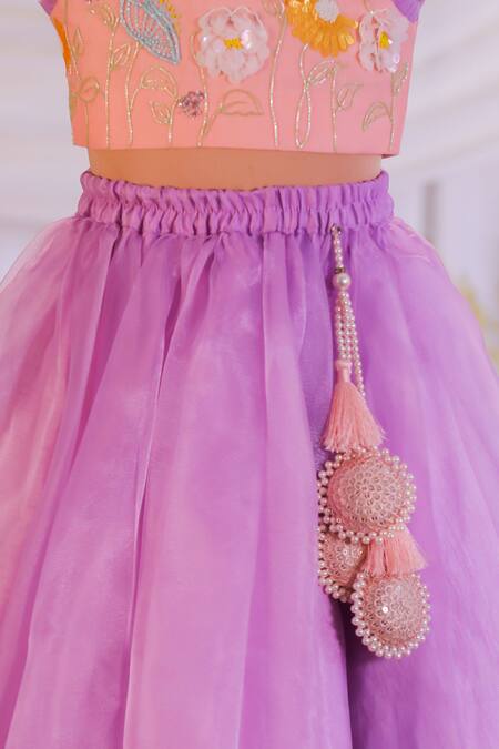 Lil Angels_Peach Silk, Organza Embroidery, Tassels Lehenga With Blouse _Online_at_Aza_Fashions