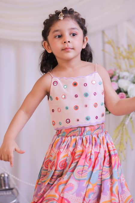 Lil Angels_Pink Muslin, Silk Mirrors Work Blouse And Lehenga Set _Online_at_Aza_Fashions