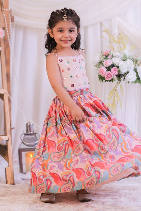 Buy_Lil Angels_Pink Muslin, Silk Mirrors Work Blouse And Lehenga Set _Online_at_Aza_Fashions
