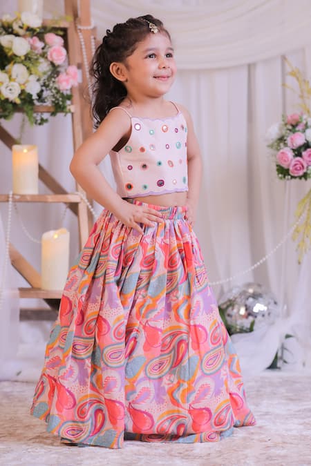 Shop_Lil Angels_Pink Muslin, Silk Mirrors Work Blouse And Lehenga Set _Online_at_Aza_Fashions