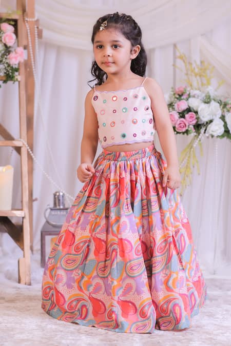 Lil Angels_Pink Muslin, Silk Mirrors Work Blouse And Lehenga Set _at_Aza_Fashions