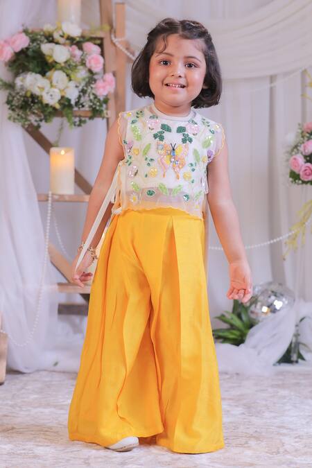 Lil Angels_Off White Organza, Silk Embroidery Butterfly Top With Palazzo _Online_at_Aza_Fashions
