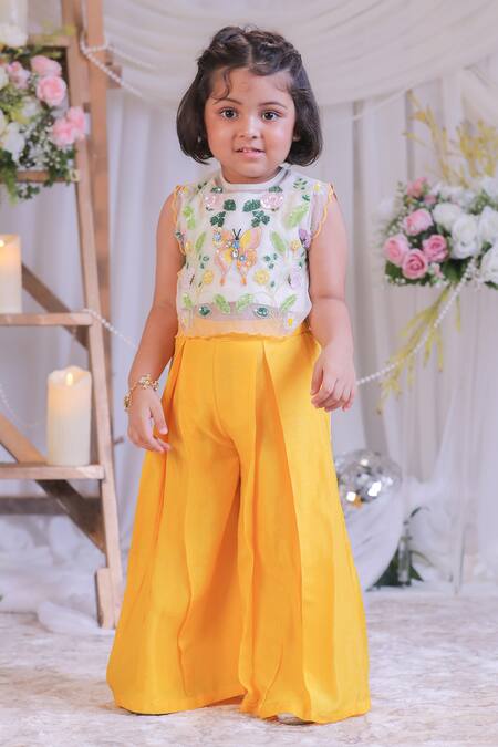 Buy_Lil Angels_Off White Organza, Silk Embroidery Butterfly Top With Palazzo _Online_at_Aza_Fashions