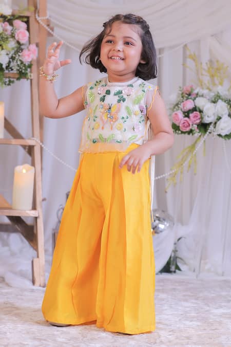 Shop_Lil Angels_Off White Organza, Silk Embroidery Butterfly Top With Palazzo _Online_at_Aza_Fashions