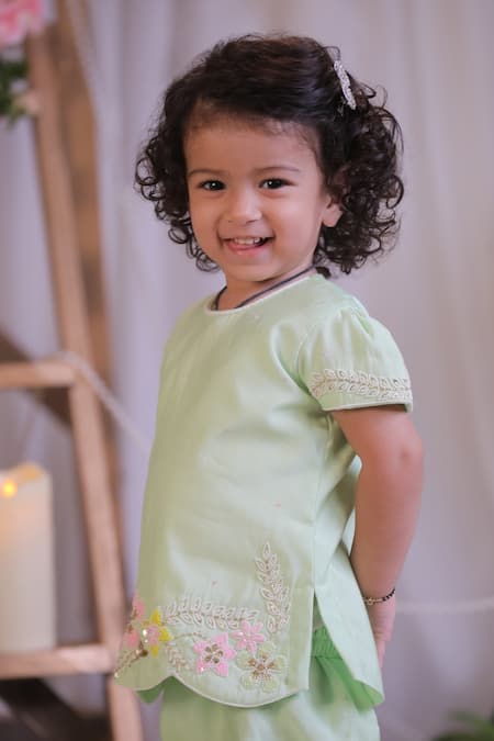 Lil Angels_Green Silk Embroidery, Sequins Flower Kurta And Sharara Set _Online_at_Aza_Fashions