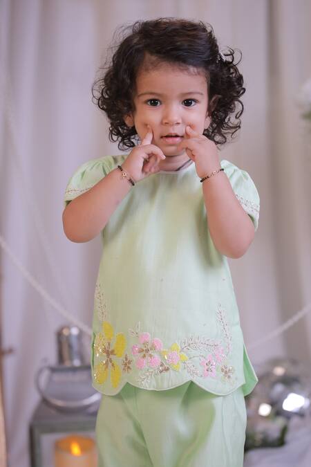 Buy_Lil Angels_Green Silk Embroidery, Sequins Flower Kurta And Sharara Set _Online_at_Aza_Fashions
