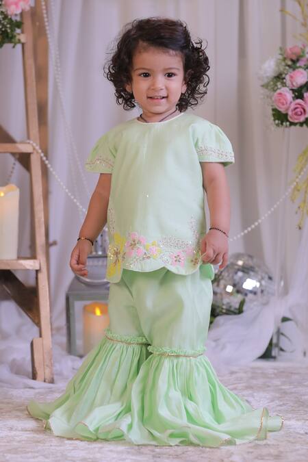 Shop_Lil Angels_Green Silk Embroidery, Sequins Flower Kurta And Sharara Set _Online_at_Aza_Fashions