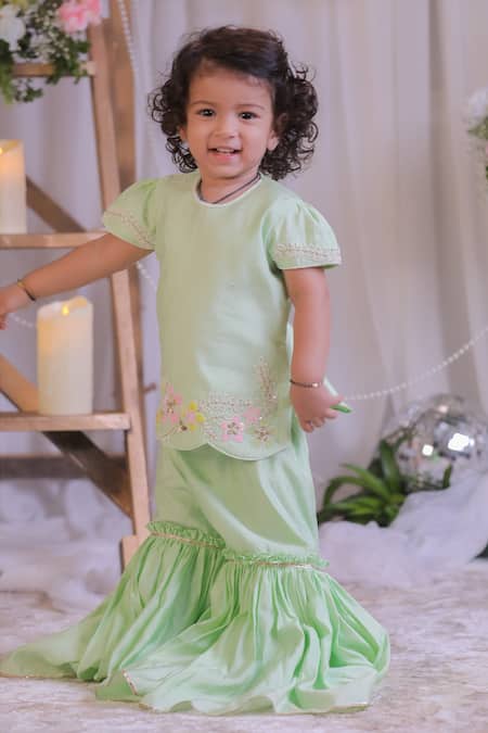 Lil Angels_Green Silk Embroidery, Sequins Flower Kurta And Sharara Set _at_Aza_Fashions