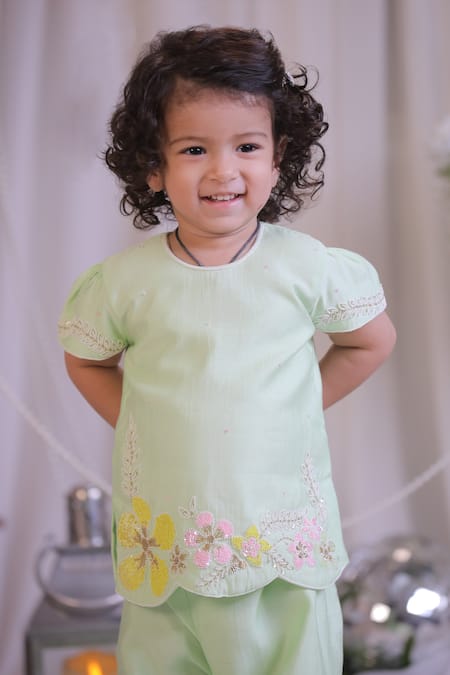 Buy_Lil Angels_Green Silk Embroidery, Sequins Flower Kurta And Sharara Set 