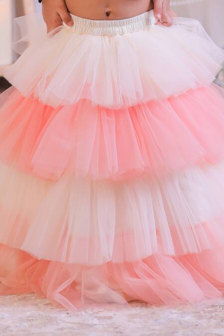 Lil Angels_Peach Cotton, Net Embroidery Pearl Frill Lehenga And Blouse Set _Online_at_Aza_Fashions