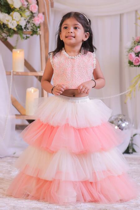 Buy_Lil Angels_Peach Cotton, Net Embroidery Pearl Frill Lehenga And Blouse Set _Online_at_Aza_Fashions
