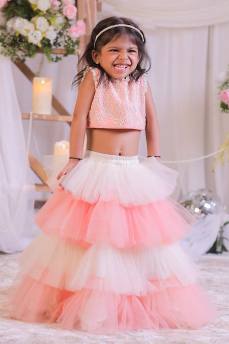 Lil Angels Peach Pearl Frill Lehenga & Blouse Set 