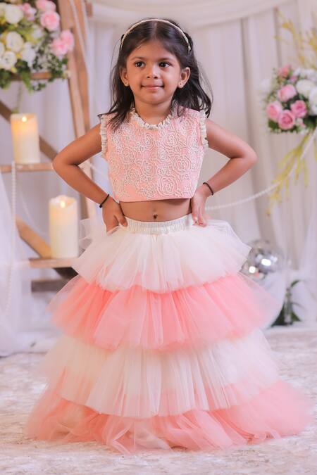 Shop_Lil Angels_Peach Cotton, Net Embroidery Pearl Frill Lehenga And Blouse Set _Online_at_Aza_Fashions