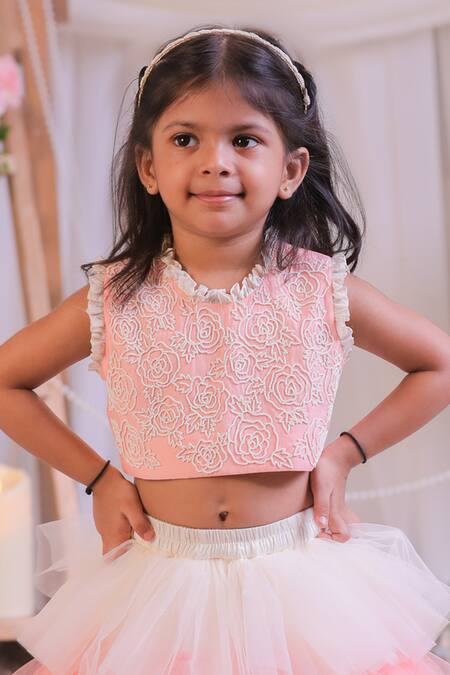 Lil Angels_Peach Cotton, Net Embroidery Pearl Frill Lehenga And Blouse Set _at_Aza_Fashions