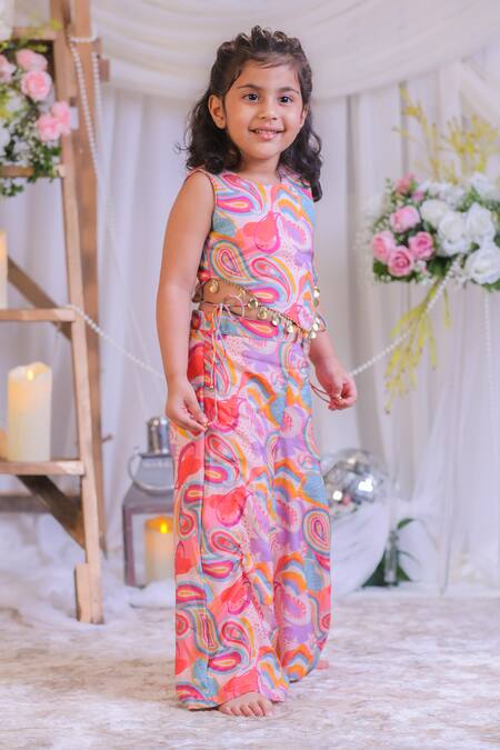 Shop_Lil Angels_Multi Color Muslin, Silk Embroidery Paisley Blouse And Palazzo Set _Online_at_Aza_Fashions