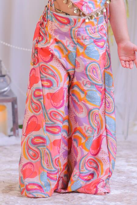 Lil Angels_Multi Color Muslin, Silk Embroidery Paisley Blouse And Palazzo Set _at_Aza_Fashions