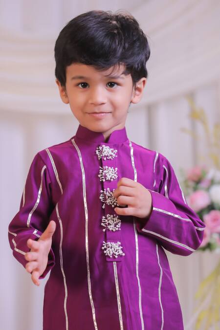 Lil Angels_Purple Silk, Cotton Embroidery, Stones Cutdana Kurta Set _Online_at_Aza_Fashions