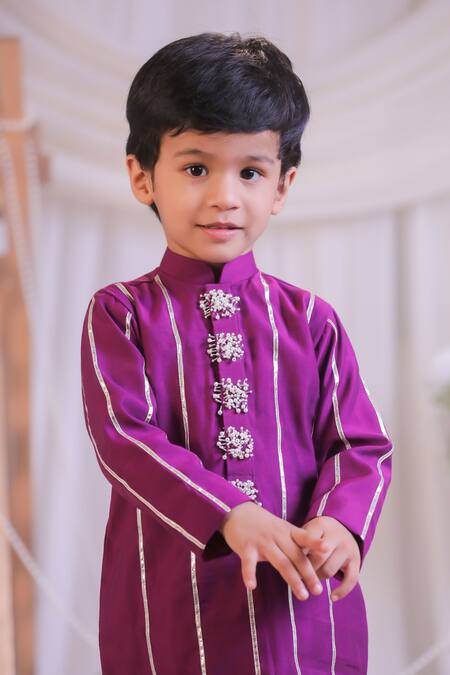 Buy_Lil Angels_Purple Silk, Cotton Embroidery, Stones Cutdana Kurta Set _Online_at_Aza_Fashions