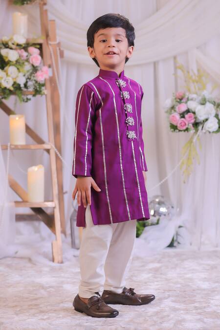 Shop_Lil Angels_Purple Silk, Cotton Embroidery, Stones Cutdana Kurta Set _Online_at_Aza_Fashions