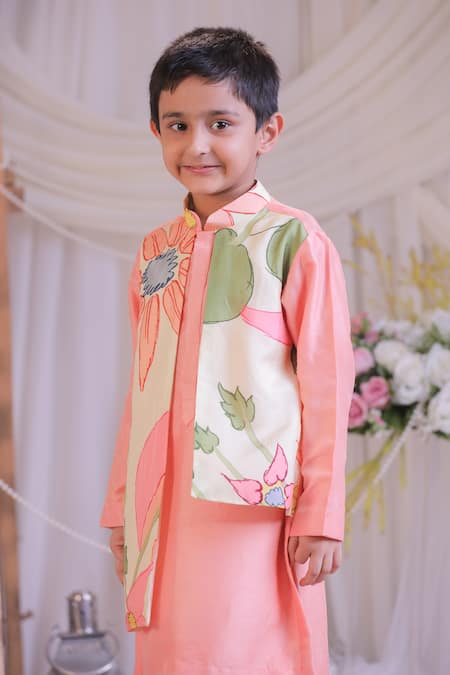 Lil Angels_Pink Silk, Cotton Boho Printed Layered Kurta Set _Online_at_Aza_Fashions
