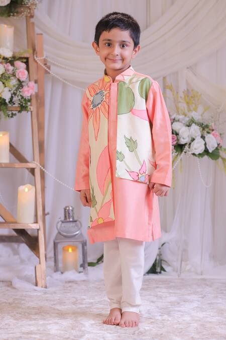 Lil Angels_Pink Silk, Cotton Boho Printed Layered Kurta Set _at_Aza_Fashions