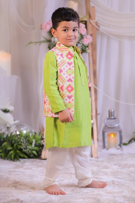 Lil Angels_Green Silk, Cotton Embroidery, Sequins Ikat Pattern Bundi And Kurta Set _Online_at_Aza_Fashions