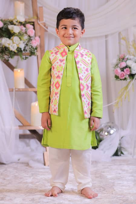 Buy_Lil Angels_Green Silk, Cotton Embroidery, Sequins Ikat Pattern Bundi And Kurta Set _Online_at_Aza_Fashions
