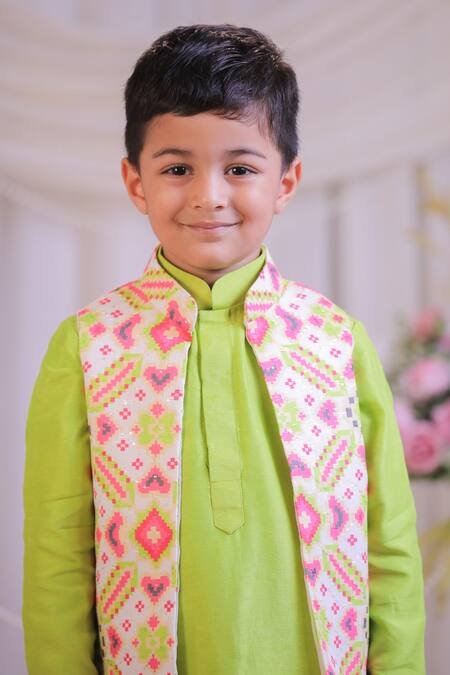 Shop_Lil Angels_Green Silk, Cotton Embroidery, Sequins Ikat Pattern Bundi And Kurta Set _Online_at_Aza_Fashions