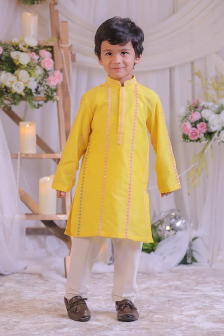 Shop Lil Angels Yellow Chanderi , Cotton, Embroidery Kurta Set Online at Aza Fashions Shop_Lil Angels_Yellow Chanderi , Cotton, Embroidery Kurta Set _Online_at_Aza_Fashions
