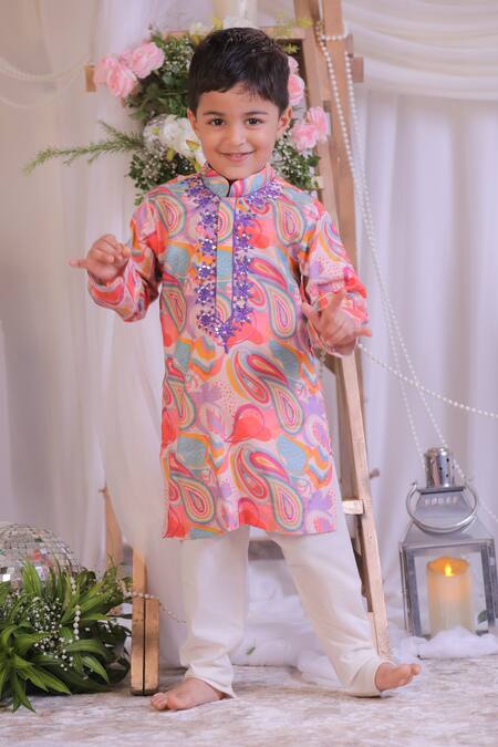 Shop_Lil Angels_Multi Color Silk, Muslin, Cotton Embroidery, Mirrors Paisley Abla Kurta Set _Online_at_Aza_Fashions