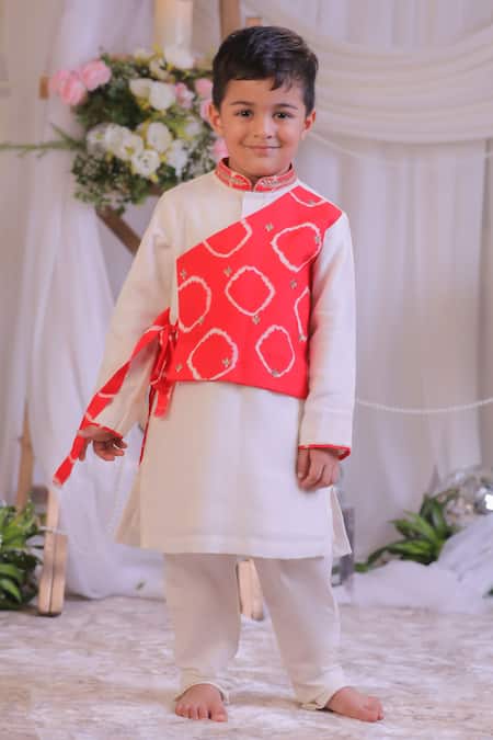 Lil Angels Red Bandhej Pattern Kurta Set 
