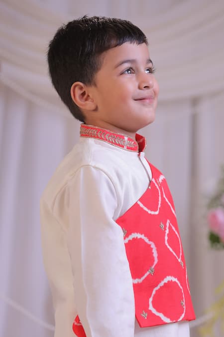 Buy_Lil Angels_Off White Silk, Cotton Embroidery Red Bandhej Pattern Kurta Set _Online_at_Aza_Fashions