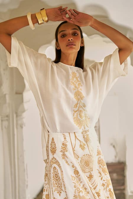 Dash And Dot_Ivory Viscose, Brocade, Silk Embroidery, Metallic Top And Kali Maxi Skirt Set _Online_at_Aza_Fashions